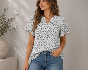 Women's Dressy Casual Chiffon Blouse – Short Sleeve V-Neck Business Casual Work Top, Elegant Summer Office Shirt for Women