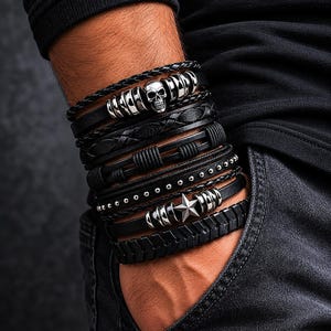 6PCS Vintage Punk Leather Bracelet Set for Men Women, Skull Skeleton Braided Leather Wrist Cuffs, Gothic Rocker Biker Adjustable Wristbands