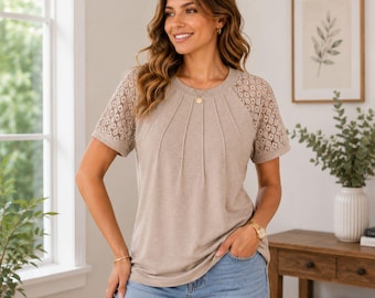 Women’s Casual Lace Detail Top | Loose Fit Tunic Tee Blouse for Everyday Fashion