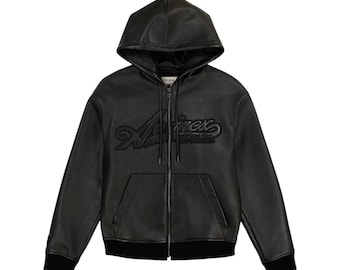 Men’s Classic Black Avirex Genuine Nappa Leather Bomber Hoodie Jacket USA Logo