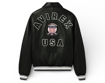 Chaqueta bomber Avirex de cuero auténtico negro para hombre. Chaquetas de cuero American Flight.