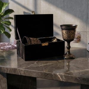 Könnte beinhalten: Eine schwarze Samtbox mit goldenem Verschluss, geöffnet, um zwei verzierte Metallbecher zu enthüllen. Ein dritter Becher steht aufrecht und zeigt komplizierte florale Muster in Gold auf dunklem Hintergrund. Die Becher sind wahrscheinlich für dekorative oder zeremonielle Zwecke.