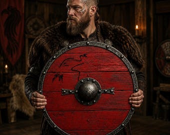 Ręcznie wykonana czerwona tarcza wikingów, średniowieczna drewniana replika okrągłej tarczy nordyckiej, dekoracja ścienna wojownika, prezent do LARP Cosplay