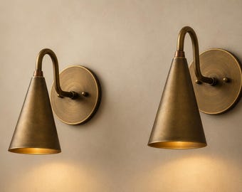 Modern Brass Wall Sconces, Handmade Cone Shade Lamps, Mid Century Bedside Reading Lights, Gold Lighting Fixtures Decor