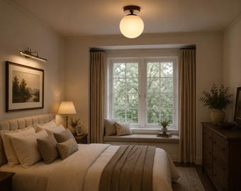 Modern Brass Globe Flush Mount Ceiling Light, Mid Century Minimalist Semi Flush Fixture for Bedroom Lighting