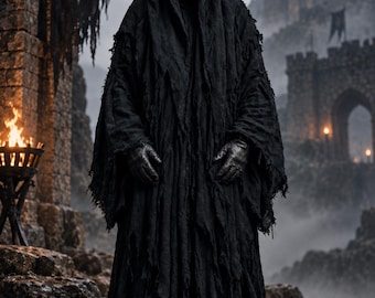Kapuzenumhang des Sensenmanns, Gothic-Halloween-Kostüm, handgefertigte schwarze Geisterrobe, Mittelalter-LARP, Dark-Fantasy-Cosplay-Outfit