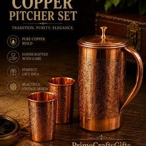 May include: A copper pitcher set featuring one large pitcher with a lid and two matching tumblers. Each piece displays an intricate embossed floral pattern. Text on the image reads: VINTAGE COPPER PITCHER SET, TRADITION. PURITY. ELEGANCE., and PrimeCraftsGifts.