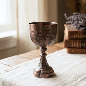 Può includere: Un calice color rame con intricati motivi in rilievo. Il calice presenta una coppa ampia, uno stelo dettagliato e una base decorativa. Il calice è esposto su una superficie chiara, suggerendo un'estetica vintage o antica.