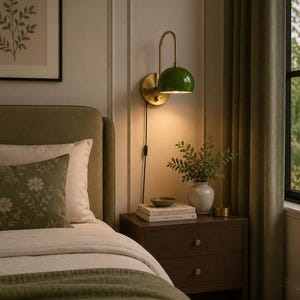 May include: A green and brass wall lamp provides light in a bedroom. The lamp has a rounded green shade and a curved brass arm. A framed botanical print hangs on the wall. A bedside table holds books and a vase with greenery.
