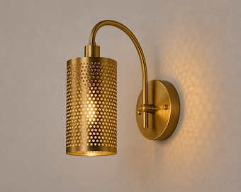Handgefertigte, perforierte Wandleuchte aus Messing im Mid-Century-Modern-Stil, zylinderförmig, Vintage-Industrie-Stil, Beleuchtung für Schlafzimmer und Flur