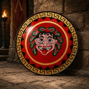 May include: A circular shield featuring a central illustration of a Medusa head with green snakes for hair, a pale face, and a protruding red tongue. The design is set against a red background with a black and gold Greek key border pattern.