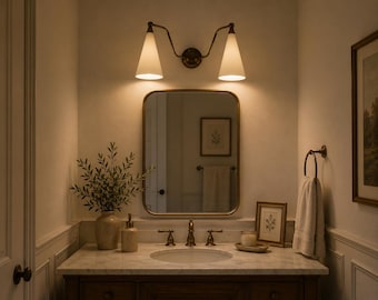 Mid Century Double Cone Vanity Light, Modern Brass Bathroom Wall Sconce, Minimalist Dual Shade Lighting Fixture