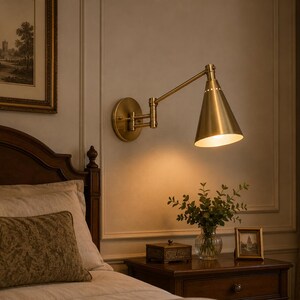 Può includere: Una lampada da parete in ottone con braccio oscillante dotata di un paralume conico con piccole perforazioni vicino alla sommità. L'apparecchio presenta un braccio articolato regolabile fissato a una piastra circolare, emettendo luce calda verso il basso.