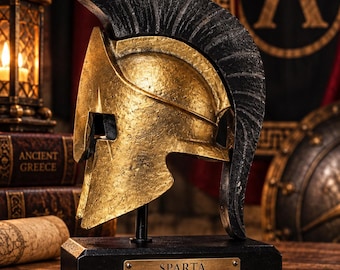 Miniature Spartan Helmet Statue with Wooden Stand, Antique Gold King Leonidas 300 Helmet Desk Sculpture, Greek Warrior Collectible