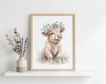 Nursery Wall Art Printable – Baby Cow Print Watercolor Neutral Nursery Decor | Digital Download