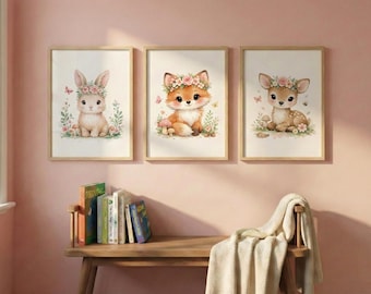 May include: Three framed watercolor prints featuring woodland animals. The prints depict a bunny, a fox, and a deer, each wearing a floral crown. The artwork has a soft, pastel color palette and is set against a light background.