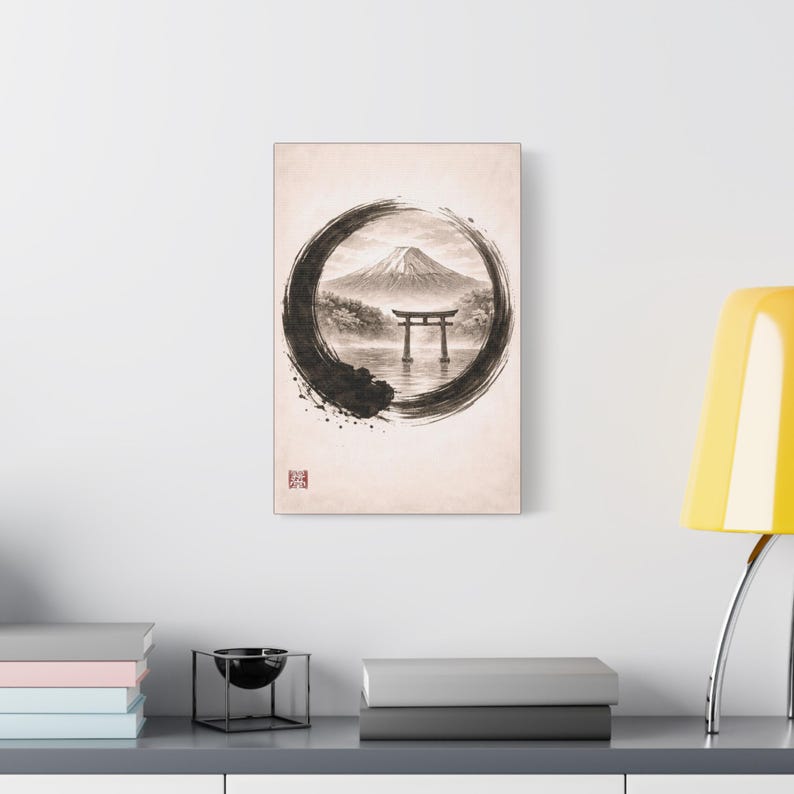 Zen Enso Mount Fuji Art Print - Japanese Torii Gate Landscape - Sumi-e ...