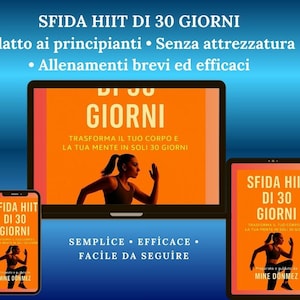 May include: Digital fitness program advertisement. The image shows a tablet, phone, and computer screen displaying the program's title, "30-Day HIIT Challenge," and a woman in workout attire. The background is a gradient of blue.