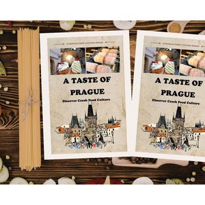 Pode incluir: Dois folhetos retangulares idênticos intitulados A TASTE OF PRAGUE Discover Czech Food Culture. As capas apresentam uma ilustração de estilo vintage do horizonte de Praga, pequenas inserções fotográficas de doces e um fundo bege texturizado.