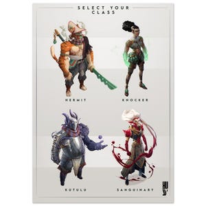 Peut inclure: Une affiche avec quatre illustrations de personnages fantastiques. Les personnages sont étiquetés "Hermit", "Knocker", "Kutulu" et "Sanguinary". Le texte "SELECT YOUR CLASS" est en haut. L'œuvre d'art est de style peinture numérique.