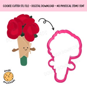 Peut inclure: Téléchargement numérique d'un fichier STL de découpe de biscuits. L'image montre un bouquet de roses rouges de dessin animé enveloppé dans du papier beige avec une base verte. Un contour rose de découpe de biscuits du bouquet est également montré. Le texte indique "COOKIE CUTTER STL FILE - DIGITAL DOWNLOAD - NO PHYSICAL ITEMS SENT."