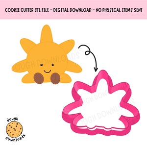 Peut inclure: Image de téléchargement numérique d'un emporte-pièce en forme de soleil. Le soleil est jaune avec un visage souriant et des pieds bruns. Un emporte-pièce rose en forme de soleil est également montré. Le texte en haut indique "COOKIE CUTTER STL FILE - DIGITAL DOWNLOAD - NO PHYSICAL ITEMS SENT."