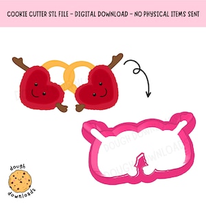 May include: Digital download of a cookie cutter STL file. The image shows a red heart-shaped cookie with brown antlers and a yellow pretzel. A pink cookie cutter in the shape of the cookie is also shown. The text "DOUGH DOWNLOADS" is visible.