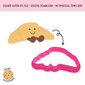 Peut inclure: Image de téléchargement numérique avec un croissant de dessin animé souriant et un emporte-pièce rose en forme de croissant. Le texte en haut indique "COOKIE CUTTER STL FILE - DIGITAL DOWNLOAD - NO PHYSICAL ITEMS SENT".