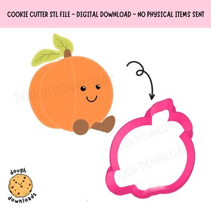 Peut inclure: Une pêche orange de dessin animé avec un visage souriant, des feuilles vertes et des pieds bruns. Un emporte-pièce rose en forme de pêche est à côté. Le texte en haut indique "COOKIE CUTTER STL FILE - DIGITAL DOWNLOAD - NO PHYSICAL ITEMS SENT".