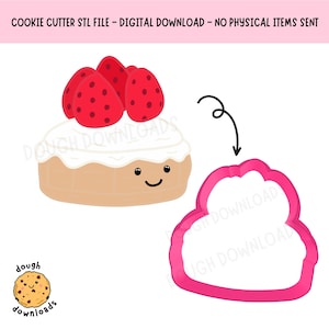 Peut inclure: Image de téléchargement numérique d'un fichier STL de découpe de biscuits. L'image montre une pâtisserie de dessin animé avec des fraises rouges sur le dessus et un contour de découpe de biscuits rose. La pâtisserie a un visage souriant et du glaçage blanc. Le texte "Dough Downloads" est également présent.