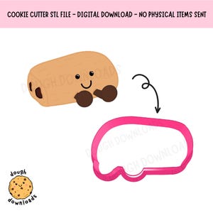 Peut inclure: Téléchargement numérique d'un fichier STL de découpe de biscuits. L'image montre un pain au chocolat de dessin animé avec un visage souriant et un contour de découpe de biscuit rose. Le texte en haut indique "COOKIE CUTTER STL FILE - DIGITAL DOWNLOAD - NO PHYSICAL ITEMS SENT".