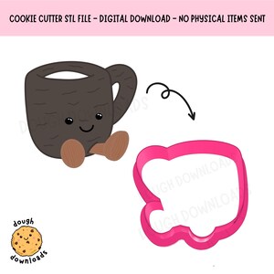 Peut inclure: Image de téléchargement numérique d'un emporte-pièce en forme de tasse à café de dessin animé et d'un contour d'emporte-pièce assorti. La tasse est marron avec un visage souriant et des pieds marron. Le contour de l'emporte-pièce rose est à côté de la tasse. Le texte en haut dit "COOKIE CUTTER STL FILE - DIGITAL DOWNLOAD - NO PHYSICAL ITEMS SENT".
