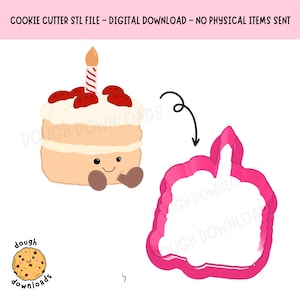 Op de afbeelding: Digitale download van een cookie cutter STL-bestand. De afbeelding toont een cartoon taart met een kaars en een roze koekjessnijder in de vorm van de taart. De taart is beige met witte glazuur en rode aardbeitoppings. De tekst "COOKIE CUTTER STL FILE - DIGITAL DOWNLOAD - NO PHYSICAL ITEMS SENT" staat bovenaan.