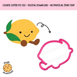Peut inclure: Image de téléchargement numérique avec un citron de dessin animé souriant, des feuilles vertes et des pieds bruns. Un emporte-pièce rose en forme de citron est à côté du citron. Le texte en haut indique "COOKIE CUTTER STL FILE - DIGITAL DOWNLOAD - NO PHYSICAL ITEMS SENT."