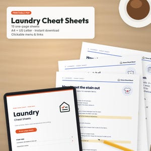 May include: A digital tablet displaying a Laundry Cheat Sheets document with a house icon, alongside several printed pages featuring laundry care instructions, stain removal guides, and fabric care symbols in black and blue text.