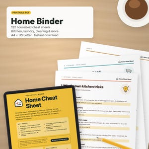 May include: A digital tablet displaying a yellow Home Cheat Sheet page with black text, alongside several printed white paper sheets featuring household reference guides for kitchen, cleaning, and repair tasks, with a yellow pencil resting on the paper.