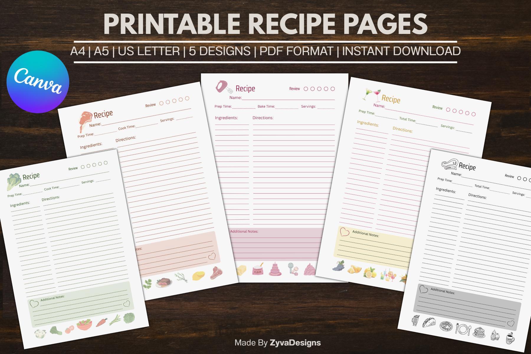 Printable Recipe Card Template, Colorful Cooking Journal (A4/A5/US ...