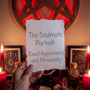 Op de afbeelding: Een hand houdt een papier met de tekst "The Soulmate Portrait: Exact Appearance and Personality". De scène bevat rode kaarsen, een houten pentagram en diverse kristallen en flessen, wat een mystieke sfeer creëert.