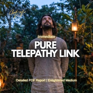 May include: A person with long dark hair wearing a beige long-sleeved shirt stands outdoors. Text overlays read: Immediate PURE TELEPATHY LINK, Detailed PDF Report | Enlightened Medium. A glowing lantern hangs on a pole in the background among trees.