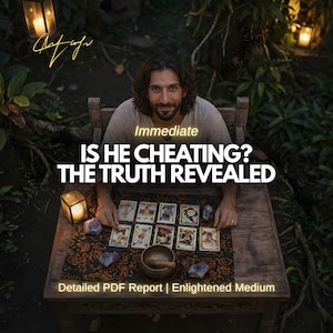 Puede incluir: Un hombre sentado en una mesa de madera con cartas del tarot, cristales y un cuenco. El texto dice "Immediate IS HE CHEATING? THE TRUTH REVEALED." La imagen tiene un tema místico con un informe PDF detallado.