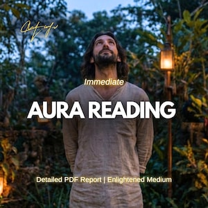 May include: A person with long dark hair and a beard wearing a beige long-sleeved shirt. The text reads: Immediate AURA READING Detailed PDF Report | Enlightened Medium. The background features a dimly lit outdoor setting with trees and a lantern.
