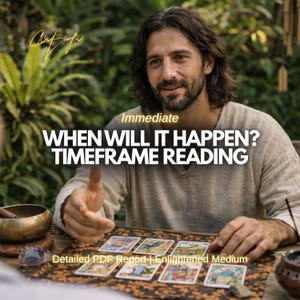 May include: An image featuring a man with long hair and a beard, seated at a table with tarot cards. The text on the image reads "Immediate WHEN WILL IT HAPPEN? TIMEFRAME READING" and "Detailed PDF Report | Enlightened Medium".