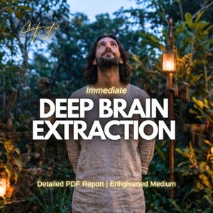 May include: A person with long dark hair wearing a beige long-sleeved shirt, looking upward. The text reads: Immediate DEEP BRAIN EXTRACTION, Detailed PDF Report | Enlightened Medium. The background features blurred trees and a glowing outdoor lantern.