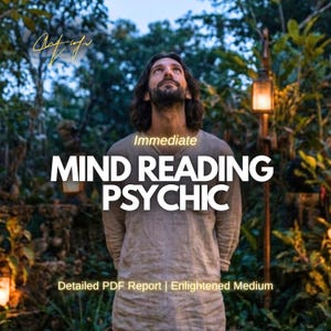 Puede incluir: Una persona con cabello largo y oscuro que viste una camisa beige de manga larga, mirando hacia arriba. Texto: Immediate MIND READING PSYCHIC. Detailed PDF Report | Enlightened Medium. Fondo con follaje y una linterna brillante.