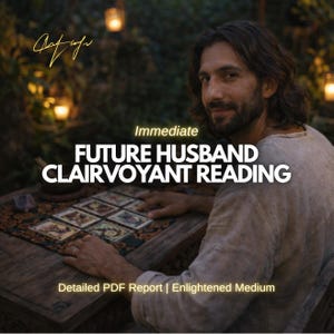 May include: A man with long hair and a beard sits at a wooden table. The image displays the text: "Immediate FUTURE HUSBAND CLAIRVOYANT READING." Tarot cards are arranged on the table. Additional text: "Detailed PDF Report | Enlightened Medium."