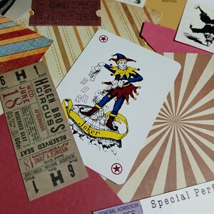 May include: A playing card featuring a colorful illustration of a joker in a jester's outfit, with the word "Joker" on a yellow banner. The image also includes vintage circus tickets and decorative paper with striped and radial patterns.