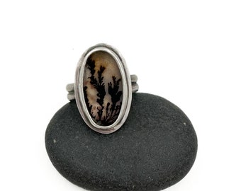 Anillo de ágata dendrítica plata de ley Boho joyería unisex regalo tamaño 9.5