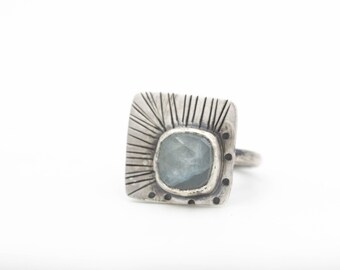 Aquamarine Ring Sterling Silver Rose-cut Square Stone Boho Ring Size 7.5