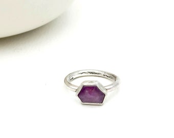 Pink Sapphire Ring Hexagon Sterling Silver Rose-Cut Sapphire Gift for Her Size 7.25