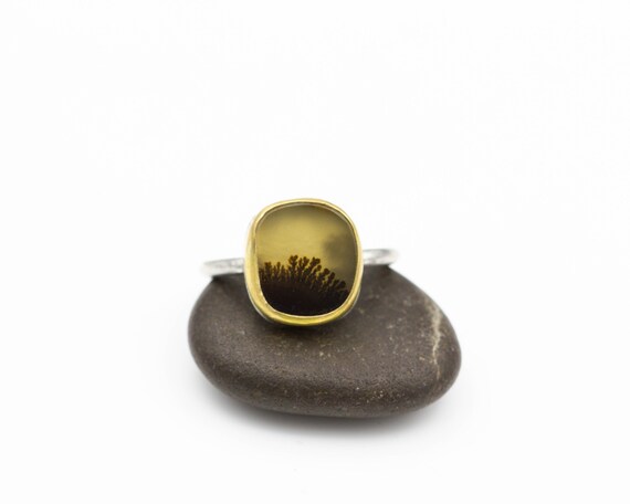 Dendritic Agate Ring Sterling 22k Gold Brown Dendrites Luxe Jewelry Le Chien Noir Gift For Her Size 775